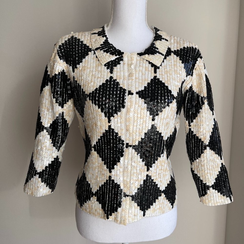 Vintage 80's Sequin Argyle Collared Cardigan